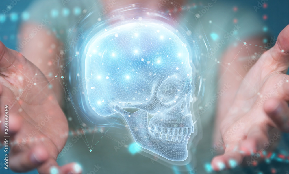 Poster Woman using digital x-ray skull holographic scan projection 3D rendering