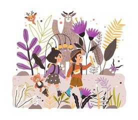 Fototapeta na wymiar Happy kids walking together in fairy forest of wonderland. Boy and girl holding hands and hiking in fantastic nature. Colored flat vector illustration of whimsical woods isolated on white background