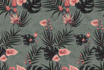 Seamless pattern of gouache-painted leaves of Hawaiian herbs and trees. Trending botanical background with tropical plants