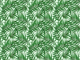 Seamless pattern of gouache-painted palm leaves. Botanical background with tropical plants