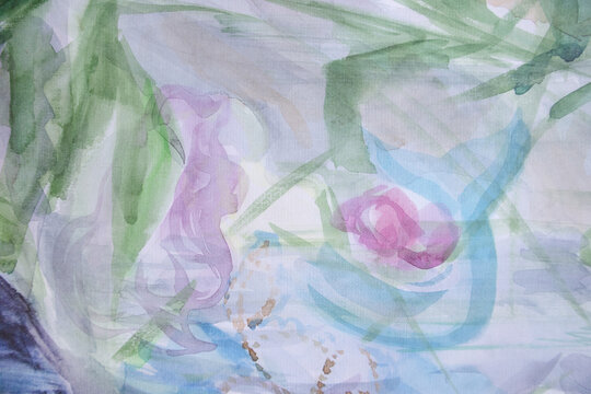 Fictional watercolor artwork. Mythical serenity undine. Aquatic plants in fog. Brush strokes textured ripple water vague surface. Imaginary serenity concept. Vague abstract mermaid with purple long ha