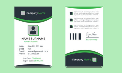Unique office identification and clean professional corporate id card design template with black and green shapes.