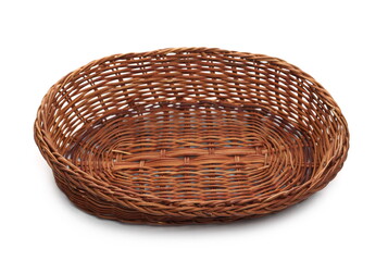 Empty wooden wicker basket isolated on white background