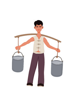 Vector illustration of young people carrying water with shoulder pole