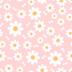 Seamless pattern with daisy flower and bow on pink background vector illustration. Cute floral print.
