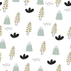seamless pattern with cartoon plants, mountains. Colorful vector flat style for kids. hand drawing. baby design for fabric, print, wrapper, textile