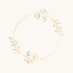 Golden circle frame with floral decor. Elegant luxury style. Vector isolated illustration. - 428134147