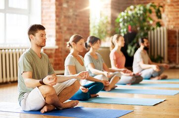 fitness, yoga and healthy lifestyle concept - group of people meditating in lotus pose at studio - Powered by Adobe
