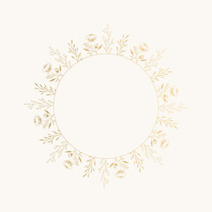 Vintage circle frame with floral motif. Golden border with flowers and leaves.
