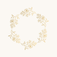 Hand drawn golden wreath with flowers, herbs, leaves. Vector isolated illustration.