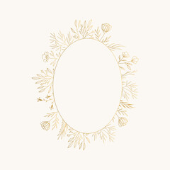 Elegant oval frame with flowers and leaves. Golden borders. Botanical vector illustration.