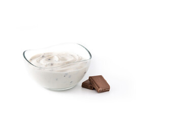 Stracciatella yogurt in transparent bowl isolated on white background.Copy space