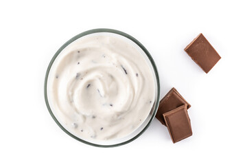 Stracciatella yogurt in transparent bowl isolated on white background. Top view