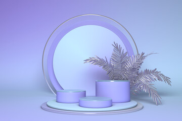 3d gradient blue violet abstract geometric pedestal. Summer vibes podium minimal design with tropical palms. Podium background studio for cosmetic products, presentation, promotion sale