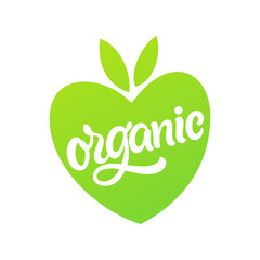 Organic Logo. Green fruit of heart shape with leaves. Vector icon for label, package, grocery store design.