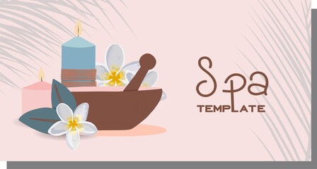 Advertising template for spa salon. Beauty salon horizontal banner. Personal care and cosmetics concept. Relaxation and massage. Cosmetics and items discount. Vector illustration.