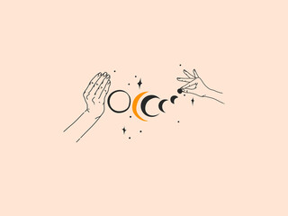 Hand drawn vector abstract stock flat graphic illustration with logo elements ,woman fashion magic line art hands touch moonand stars in simple style for branding ,isolated on color background