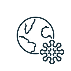 Virus Attack around the World. Planet Earth with coronavirus Covid-19 Infection line icon. Earth Attacked by Coronavirus. Coronavirus Bacterium line icon. Editable Stroke. Vector illustration