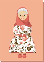 An elderly woman in a headscarf. Grandmother. Old woman character. Leisure of pensioners. Vector illustratio