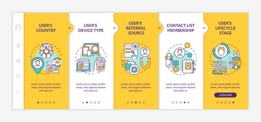 Smart rules criteria onboarding vector template. Responsive mobile website with icons. Web page walkthrough 5 step screens. Digital marketing color concept with linear illustrations