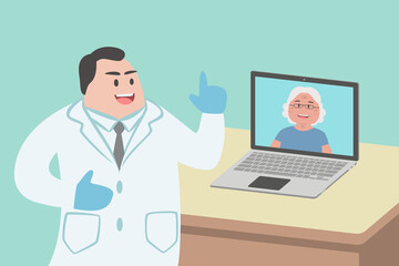 Male doctor using laptop computer online video call remote talking to senior woman patient