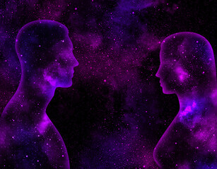 Female and male shining silhouettes on a background of purple starry universe © Alrika 
