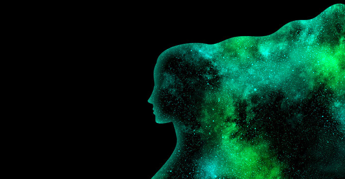 Green shining star universe in the shape of a woman's profile silhouette on a black background
