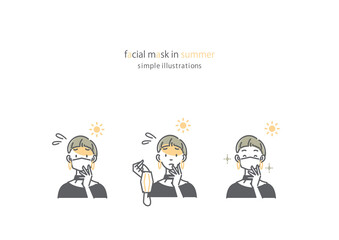 シンプルでおしゃれな若い女性の線画イラストセット　熱中症　マスク