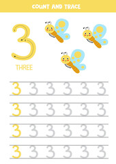 Tracing numbers worksheet with cute butterflies. Trace number 3.