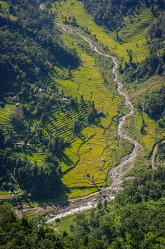 Beautiful landscape view of valley with river and rice terraces between Pelling and Namchi, Sikkim, India