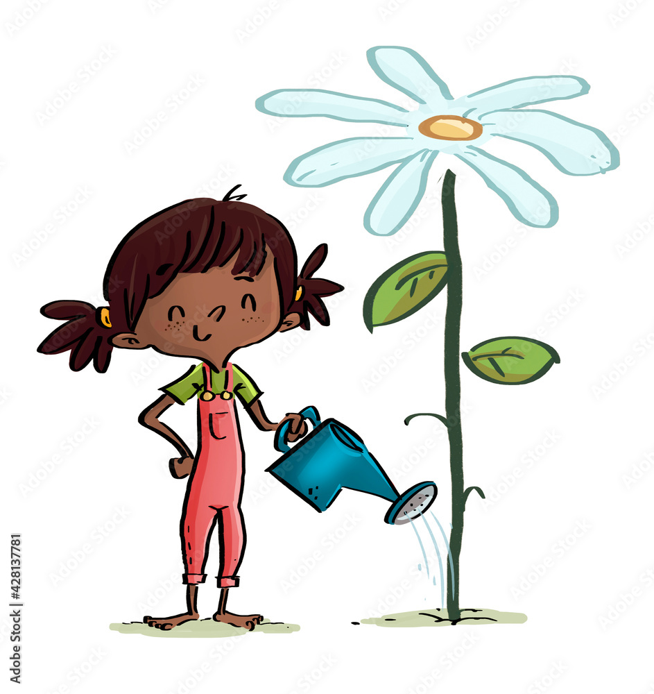 Canvas Prints african american toddler girl watering a flower