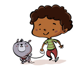 African American boy walking his dog