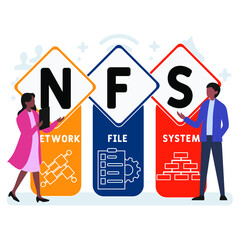 Flat design with people. NFS - Network File System acronym, business concept background.   Vector illustration for website banner, marketing materials, business presentation, online