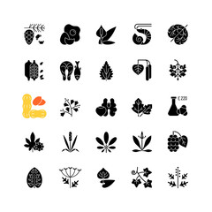 Allergy cause black glyph icons set on white space. Queen Anne lace. Timothy grass. Poplar tree pollen. English plantain. Sesame seeds. Silhouette symbols. Vector isolated illustration