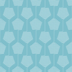 Vector Geometric Pattern with Connected Scribbled upside down Pentagons.Seamless Stripes of White Pentagons on Light Blue Background.