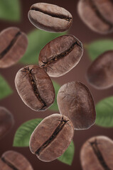 Falling coffee beans with leaves over brown background