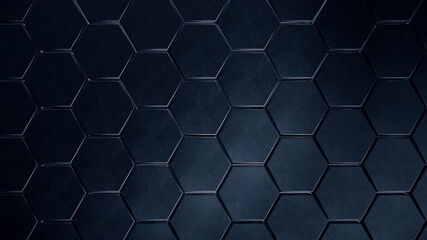 Dark  metal hexagons pattern background. Futuristic space sci fi wallpaper. 3d render illustration