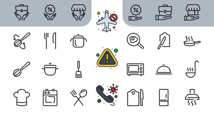 Set of cooking and kitchen icons, Vector lines, contains icons such as frying pan, frying, microwave, fork with spoon, Editable stroke, perfect 480x480 pixels, white background.