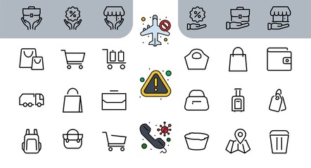 Simple set of bags, shopping and travel icons. Vector illustration Contains icons such as Card, wallet, shopping basket, discount, bowl, package. On a white background, editable stroke