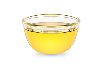 Cooking oil in glass bowl isolated on white background.