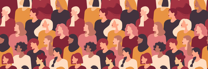 Multinational different beauty women seamless pattern. Different ethnicity women: African, Asian, Chinese, European, Latin American, Arab. Women's struggle for equality.