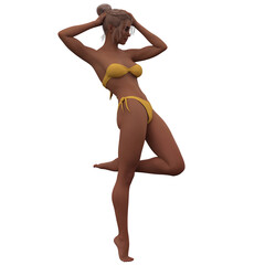 Beautiful attractive young blonde fashion model posing in an abstract contemporary dance pose in a yellow bikini. Woman Isolated against white background. Photorealistic 3D rendering. Model Code CY