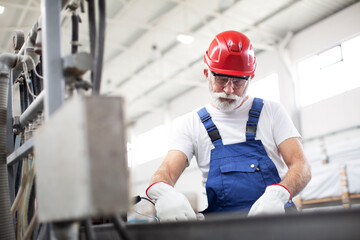 Senior man with helmet working in factory. Portrait of worker in factory.