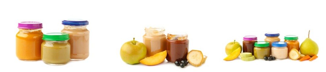 Glass jars with nutrient baby food and fruit isolated on white background. Set of photo