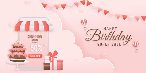 Discount shop online, pink Birthday sale banners on mobile with cake paper cut and papercraft style. Celebration Happy birthday sale voucher template.	