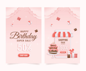 Set banner Discount shop online, Birthday sale banners with cake paper cut and papercraft style. Celebration Happy birthday sale voucher template.	