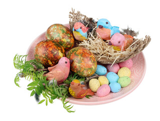 Easter handmade birds with onion painted eggs  isolated
