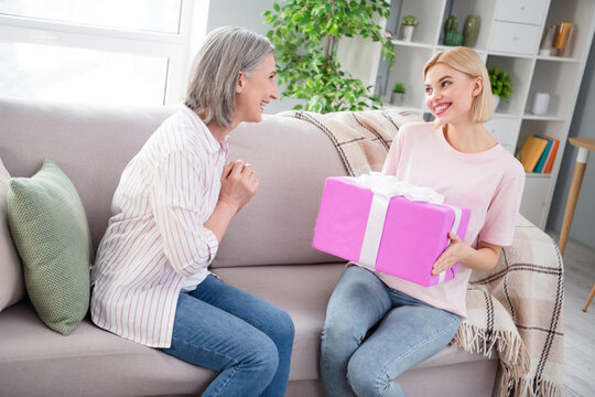 Photo of retired happy old woman and charming old lady hold present box smile indoors inside house home