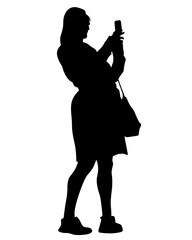 Young woman holds a smartphone in her hand. Isolated silhouettes of people on a white background