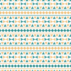 Seamless Tribal Pattern with Stripes of Scribbled Teal Yellow Triangles, Rhombus and Lines on White background.
